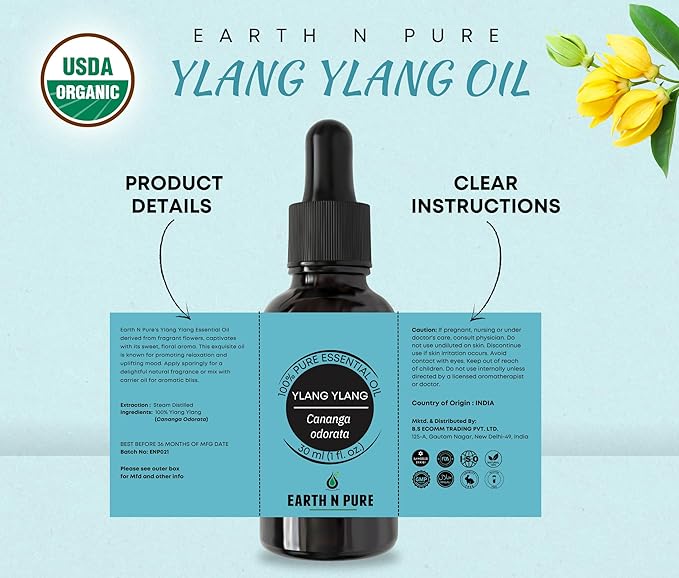 Earth N Pure Ylang Ylang Essential Oil Natural and Therapeutic Grade for Aromatherapy, Hair Care and Skin Care 50 ml