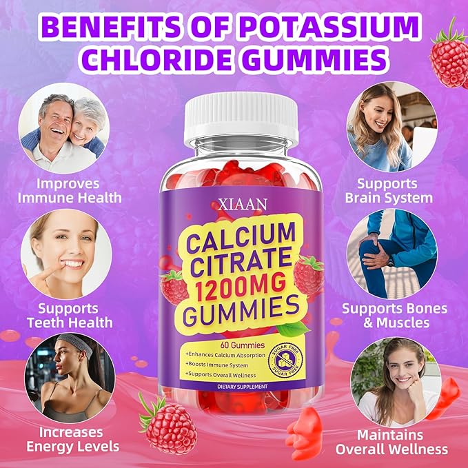 Calcium Citrate Gummies 1200mg Calcium Gummies for Women & Men, Chewable Calcium Supplements Support Immune Health & Bone Strength, Vegan/Sugar-Free/Gluten-Free, Raspberry Flavor 60 Count
