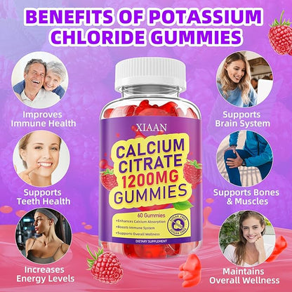 Calcium Citrate Gummies 1200mg Calcium Gummies for Women & Men, Chewable Calcium Supplements Support Immune Health & Bone Strength, Vegan/Sugar-Free/Gluten-Free, Raspberry Flavor 60 Count