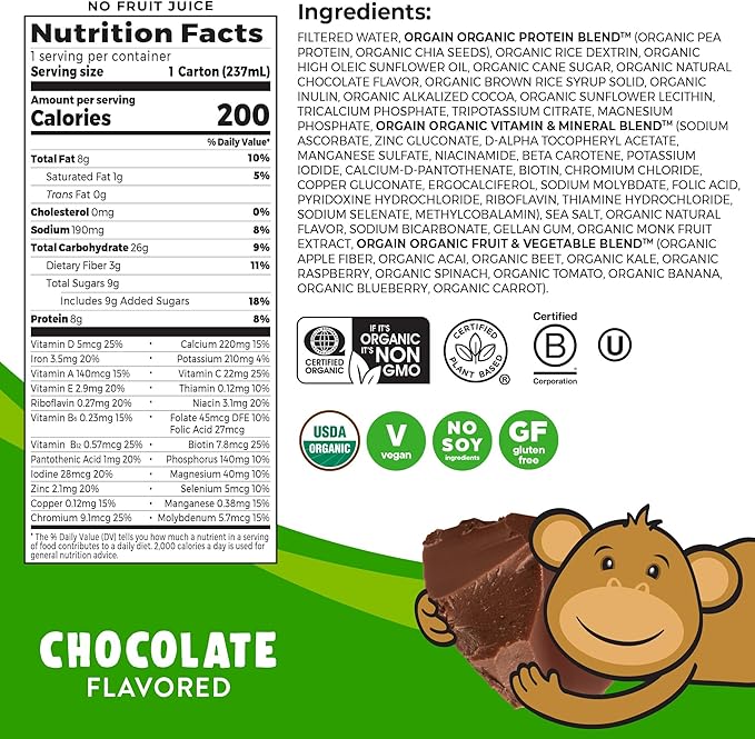 Orgain Organic Kids Nutritional Vegan Protein Shake, Chocolate - Healthy Kids Snacks, 8g Plant Protein, 23 Vitamins & Minerals, 3g Fiber, No Dairy & Soy, Non-GMO, 8 Fl Oz (12 Pack) Package May Vary