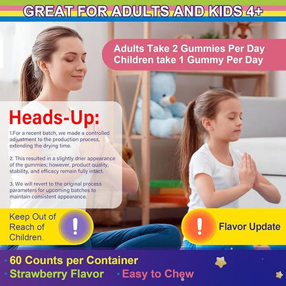 Magnesium Glycinate Gummies for Adults & Kids 4+, Sugar Free Magnesium Bisglycinate Supplement 400/200mg with B6D3, 5HTP, L-Theanine for Sleep & Relaxation, Brain, Muscle, Melatonin Free Gummies,2Pack