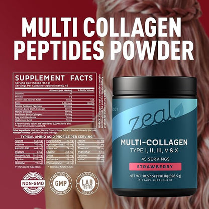 Zeal Naturals Multi Collagen Protein Peptides Powder Types I II III V X - Vitamin C, Biotin & Hyaluronic Acid - Hair, Skin & Nails - Marine, Bovine, Chicken & Eggshell - Strawberry, 45 Servings