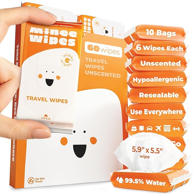 Impossibly Compact Travel Wipes - 99.5% Water - Safe for Sensitive Skin & Hypoallergenic, Resealable, Thick & Durable - For Adults, Kids & Baby Care - Unscented, 10 Pack Total 60 Wipes