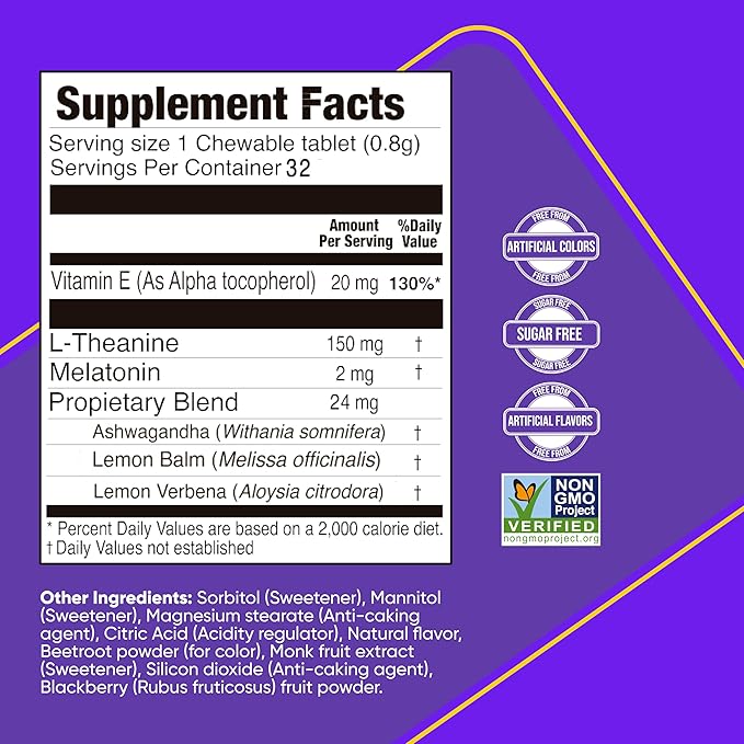 Supplement Natural Sleep Aid with Melatonin, Ashwagandha, Lemon Balm & L-Theanine – Drug-Free Sleep Support – Restful Sleep, Back to Sleep – BlackBerry Flavor – 32 Chewable Tablets