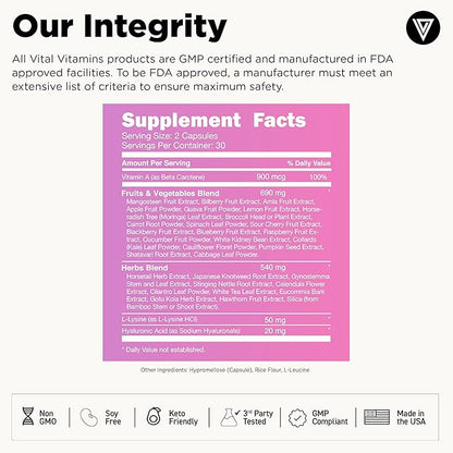 Vital Vitamins Vegan Collagen Booster - with Silica and Hyaluronic Acid - Plant-Based Collagen Supplements - Supports Hair, Skin, Nails & Joints - 60 Capsules