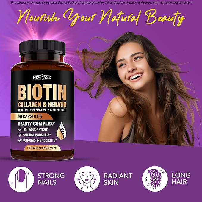 NEW AGE Biotin Collagen Keratin Hyaluronic Acid - 50,000mcg Hair Growth Vitamins for Men and Women, Nails, Hair, Skin Vitamins and DHT Blocker with Vitamin E Folic Acid Pumpkin Seed MSM- 270 Count