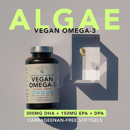 AMANDEAN Vegan Omega 3 Supplement. Premium Fish Oil Alternative. Algae DHA & EPA. Carrageenan Free Softgels. Algal Essential Fatty Acids. Plant Based Heart, Brain, Eye, Skin, Immune Support. (120ct)