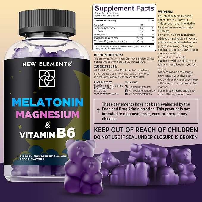 New Elements Melatonin Gummies 10mg with Magnesium Glycinate & Vitamin B6 | Sleep Support, Relaxation & Stress Relief | Non-GMO, Gluten-Free | Great-Tasting | Natural Grape Flavor