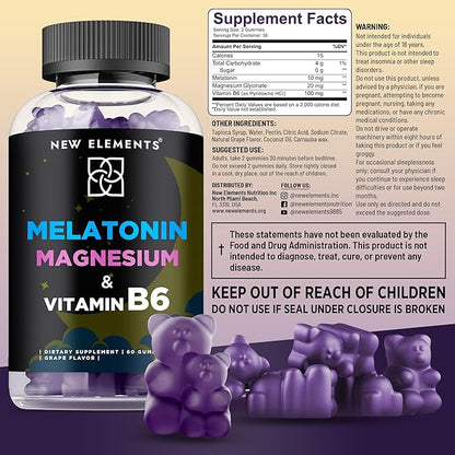 New Elements Melatonin Gummies 10mg with Magnesium Glycinate & Vitamin B6 | Sleep Support, Relaxation & Stress Relief | Non-GMO, Gluten-Free | Great-Tasting | Natural Grape Flavor