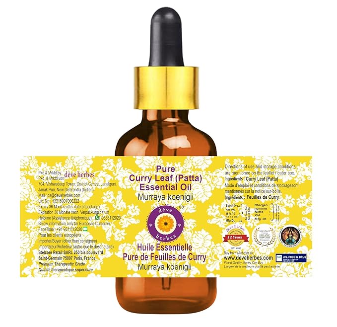 Deve Herbes Pure Curry Leaf (Patta) Essential Oil (Murraya koenigii) with Glass Dropper Steam Distilled 50ml (1.69 oz)