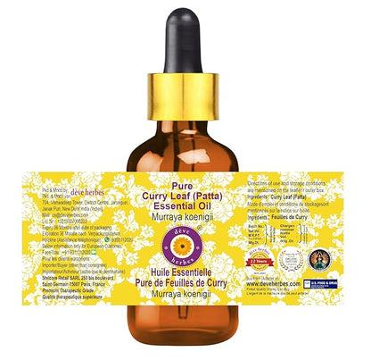 Deve Herbes Pure Curry Leaf (Patta) Essential Oil (Murraya koenigii) with Glass Dropper Steam Distilled 50ml (1.69 oz)