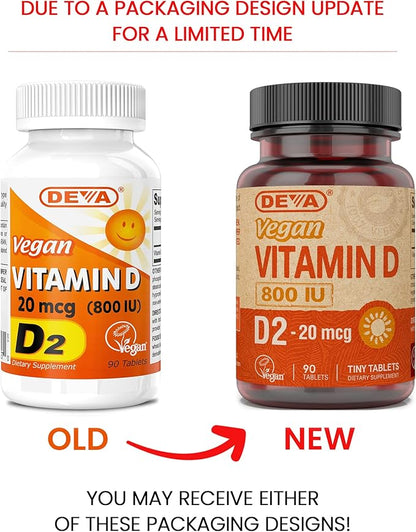DEVA Vegan Vitamin D2 800 IU, Ergocalciferol Supplement with No Animal Ingredients, 90 Tablets (Pack of 2)