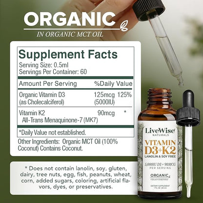 Live Wise Naturals Vegan D3 K2 Vitamin 5000 IU, 90 MCG (MK-7) Drops - 60 Servings, Ultra Concentrated Formulation, and Fast Absorption - Precision Micro-Dosing Dropper for Cognitive & Immune Support