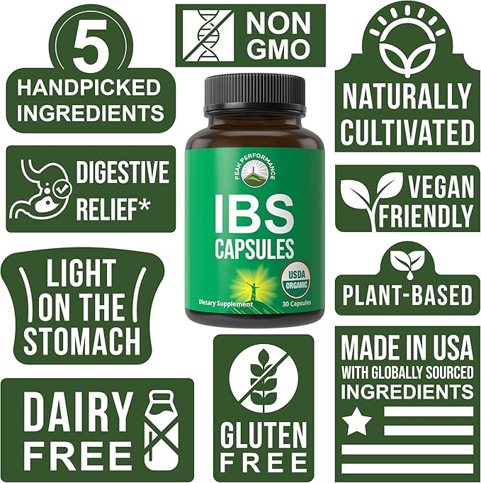 USDA Organic IBS Capsules for Relief, Ingestion, Bloating, Gas - Irritable Bowel Supplement with 5 Handpicked Organic Ingredients - Peppermint Oil, Sea Buckthorn, Fennel Seed, Rosemary Leaf, Basil