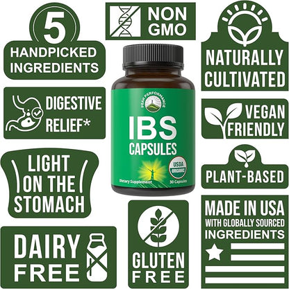 USDA Organic IBS Capsules for Relief, Ingestion, Bloating, Gas - Irritable Bowel Supplement with 5 Handpicked Organic Ingredients - Peppermint Oil, Sea Buckthorn, Fennel Seed, Rosemary Leaf, Basil