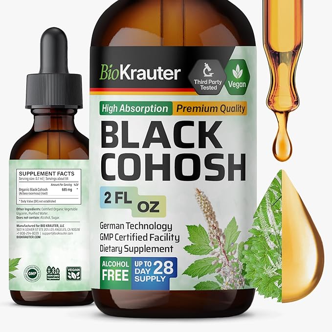 BIO KRAUTER® Perimenopause & Menopause Supplements for Women* - Pure Vegan Black Cohosh for Mood Support & Women's Wellness - Black Cohosh Supplements 2 Fl.Oz 28-Day Supply, Alcohol & Sugar Free