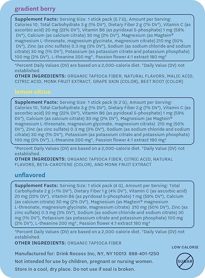 Recess Mood Powder, Magnesium L-Threonate Blend with Passion Flower, L-Theanine, Electrolytes, Magnesium Calm Support Powder Supplement -Sampler Pack, Pack of 15