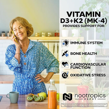 Nootropics Depot Vitamin D3 + K2 with Vitamin C Tablets | 365 Count | Cholecalciferol + Menaquinone-4 (MK-4) | Mood, & Bone Health | Healthy Calcium Absorption