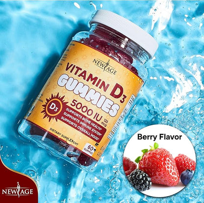 NEW AGE Vitamin D3 5000 IU 125mcg Gummies - Immune Supplement - Non-GMO, Gluten-Free, Dairy-Free, No Gelatin (180 Gummies (Pack of 3))