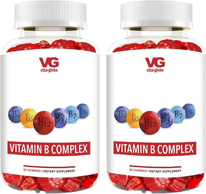 VITA GLOBE B Complex Gummy Vitamins | Vegan Non-GMO Strawberry Chewables with Vitamin C, Niacin, B6, B12 & Biotin | Supports Energy Metabolism, Heart Health & Brain Function | 120 Count (2 Pack)