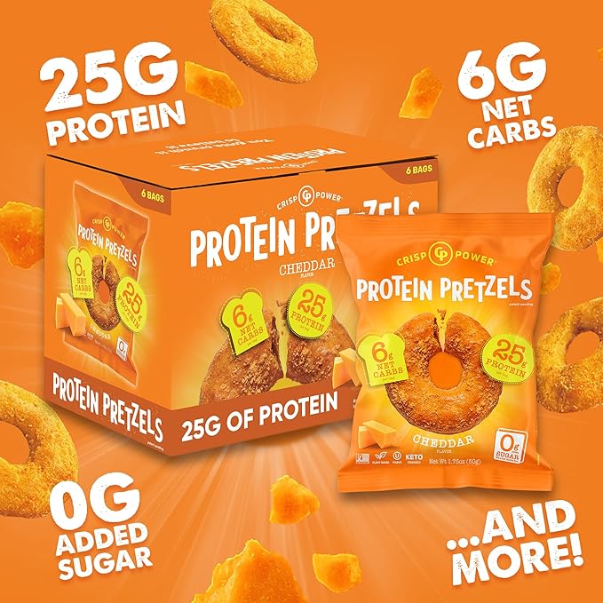 CRISP POWER Protein Pretzels, NEW Cheddar, 25G Protein, High Protein Snack, High Fiber, Low Carb Crunchy Pretzel Snacks, No Added Sugar, 1.75 oz Bags, 24 Pack, Vegan, Keto