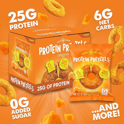 CRISP POWER Protein Pretzels, NEW Cheddar, 25G Protein, High Protein Snack, High Fiber, Low Carb Crunchy Pretzel Snacks, No Added Sugar, 1.75 oz Bags, 6 Pack, Vegan, Keto