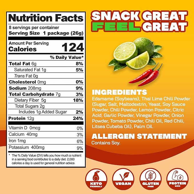 Where You Bean Edamame Beans Snack (Thai Lime Chili) - Crunchy and Dry Roasted Edamame Beans - High Protein Snacks, Keto and Vegan Healthy Snacks for Adults & Low Carb Asian Snack 0.9 oz (Pack of 8)