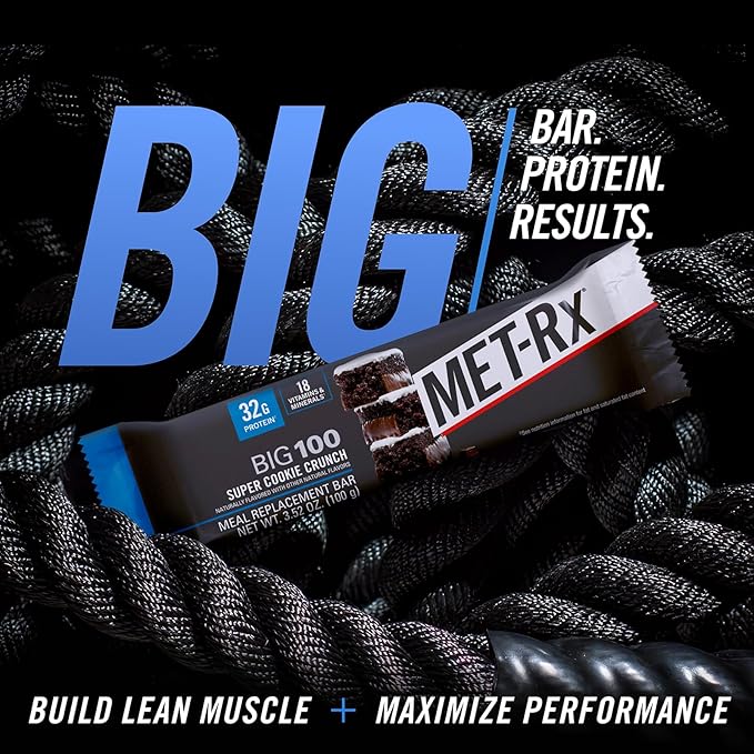 MET-Rx Big 100 Protein Bar, Meal Replacement Bar, 32G Protein, Super Cookie Crunch, 3.52 Oz (Pack of 9)