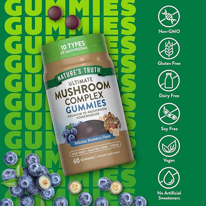Nature's Truth Mushroom Complex Gummies for Adults | Complex of 10 Mushrooms | with Lion's Mane, Shiitake, & Chaga | Blueberry Flavor | 60 Count | Vegan, Non-GMO & Gluten Free Supplement