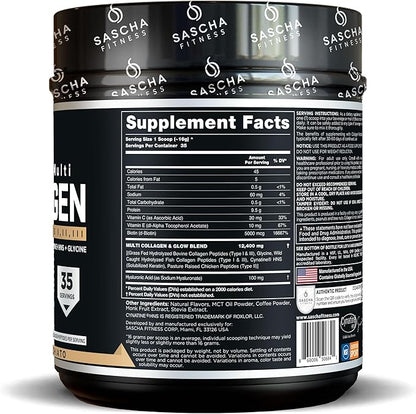 SASCHA FITNESS Hydrolyzed Multi Collagen Peptides Tipes 1,2 & 3 |Hyaluronic Acid|Biotin |Cynatine HSN|Vitamin C & E |for Hairs, Skin & Bone Support|Caramel Macchiato