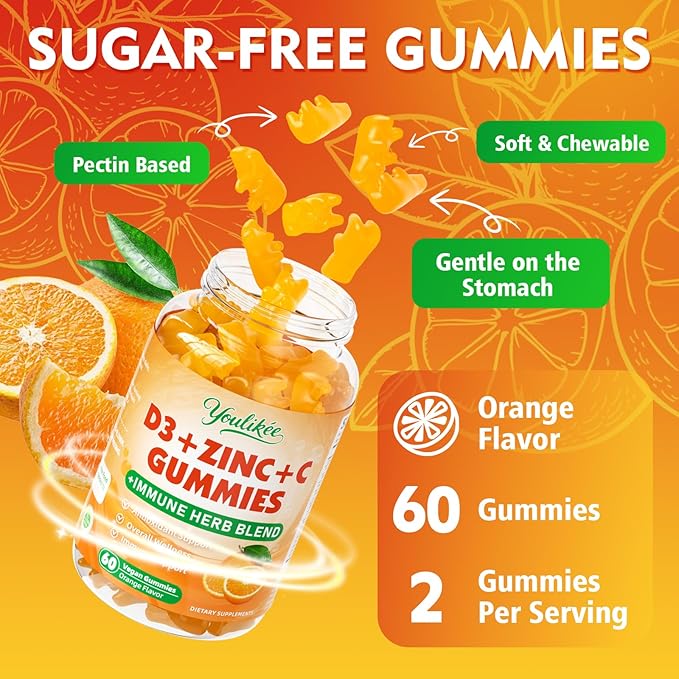 2 Pack Vitamin C + D3 + Zinc Gummies for Adults, Immune Support Supplement with Elderberry, Echinacea & Mullein Leaf - Antioxidant Support, Sugar Free, Orange Flavor, 120 Count
