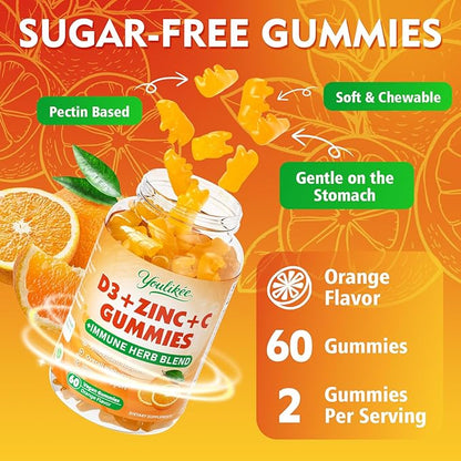 Vitamin C + D3 + Zinc Gummies for Adults, Immune Support Supplement with Elderberry, Echinacea & Mullein Leaf - Antioxidant Support, Sugar Free, Orange Flavor, 60 Count