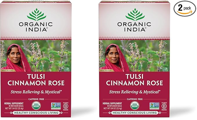ORGANIC INDIA Tulsi Cinnamon Rose Tea Bags - Tulsi Rose, Cinnamon with Holy Basil, Chamomile, Stevia, USDA Certified Organic Caffeine Free Herbal Tea - 18 Infusion Bags, 2 Pack