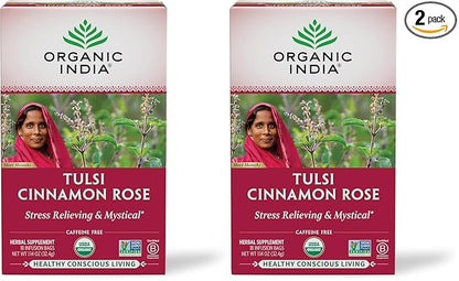 ORGANIC INDIA Tulsi Cinnamon Rose Tea Bags - Tulsi Rose, Cinnamon with Holy Basil, Chamomile, Stevia, USDA Certified Organic Caffeine Free Herbal Tea - 18 Infusion Bags, 2 Pack