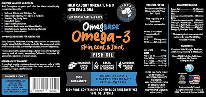 100% Pure Fish Oil for Dogs & Cats (1,545mg Omega 3 per Teaspoon) 16oz. Loaded with EPA & DHA for Joints, Skin & Coat, Itching, Heart & Immune Health. Stronger Than Salmon Oil. Unflavored Omegease.