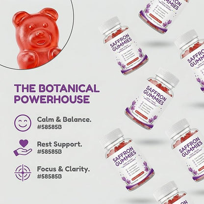 Saffron Gummies, Mood & Calm Support withPassion Flower, St. John's Wort, GABA & Vitamin D2,Emotional Balance & Focus Formula, Strawberry Flavor, 90Gummies
