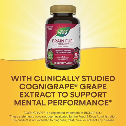 Nature’s Way Brain Fuel, Supports Memory and Concentration*, Brain Function Support Supplement*, Clinically Studied Cognigrape®, Grape Flavored, 60 Gummies