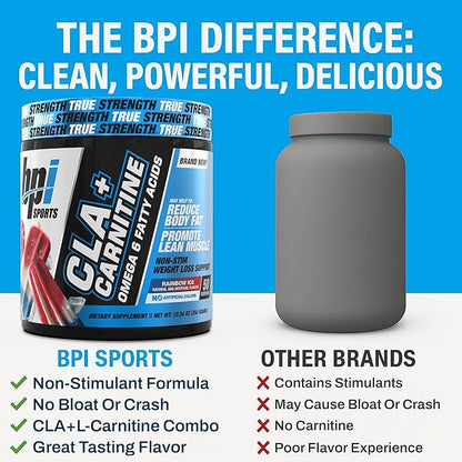 BPI Sports CLA+Carnitine – CLA L Carnitine & Linoleic Acid – L Carnitine Supplement for Weight Loss, Metabolism & Lean Muscle – Caffeine Free – Rainbow Ice – 50 Servings – 12.34 oz