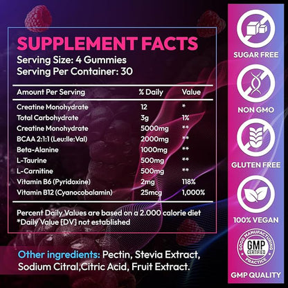 Cytona Creatine Gummies Monohydrate Complex 9000MG, Pre-Workout for Men & Women, Creatine Gummy with L-Taurine, BCAA 2:1, B12/6 for Muscle Support, Enhance Strength, Energy Boost-120 Count