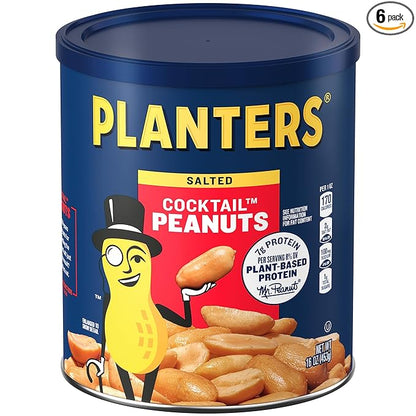 PLANTERS Salted Cocktail Peanuts, Plant-Based Protein, Bold & Savory Party Snacks, Peanut Snack, 16 Oz Jar (Pack of 6)