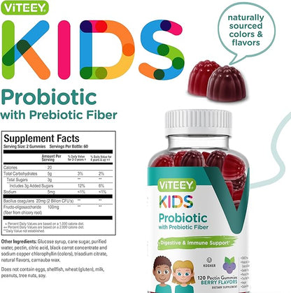 Viteey Probiotic Gummies for Kids Plus Prebiotics Fiber - 2 Billion CFUs - Digestive Health,Gut Health, Constipation Relief for Kids Support - Vegan, Gelatin Free - Chewable Probiotic Berry Flavored