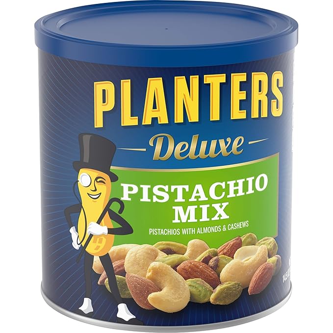 PLANTERS Deluxe Pistachio Mix, Party Snacks, Plant-Based Protein, 14.5 Oz Canister (Pack of 2)