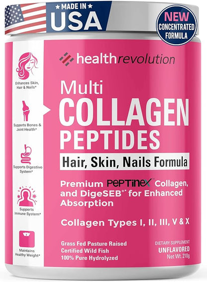 Multi Collagen Peptides Powder – Types I, II, III, V, X, Hydrolyzed Collagen for Women, 99% Absorption, Skin Hair Nails Joints, Triple Refined - No Clumping, Non-GMO, Gluten Free, Grass Fed Unflavored