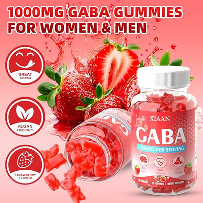 GABA Gummies 1000mg for Kids & Adults, Chewable GABA Supplements with L Theanine 5-HTP Ashwagandha Vitamins B6,B12,D3 for Calm & Zzz, Sugar-Free/Vegan, Strawberry Flavor 60 Count