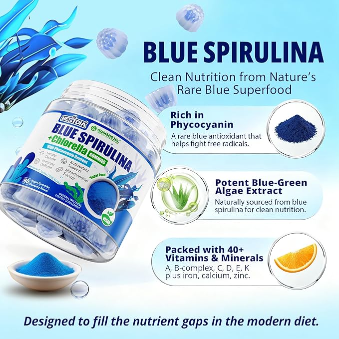 Organic Blue Spirulina Gummies, High Phycocyanin from Nutrient-Rich Blue-Green Algae for Antioxidants, Cellular Energy & Cleanse, Superfood w/Chlorella, CoQ10 & VC,Taurine,Green Tea, Sugar Free, 120Ct