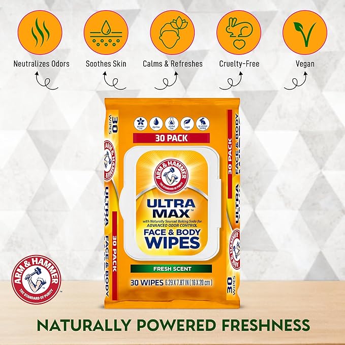 Arm and Hammer Face and Body Wipes for Adults - Deodorant Towelettes 30 Wipes for Men - Shower Sheets for Traveling, Camping, Gym, and Bathing - Alcohol-Free Face Sheets (Cool Water)