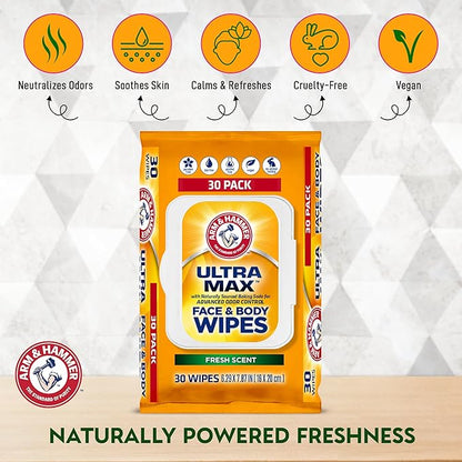 Arm and Hammer Face and Body Wipes for Adults - Deodorant Towelettes 30 Wipes for Men - Shower Sheets for Traveling, Camping, Gym, and Bathing - Alcohol-Free Face Sheets (Cool Water)