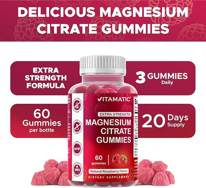 Vitamatic Extra Strength Magnesium Gummies – 255 mg (Elemental Magnesium) per Serving – 60 Vegan Gummies Supports Relaxation, Muscle & Nerve Function, Bone Health & Energy Production