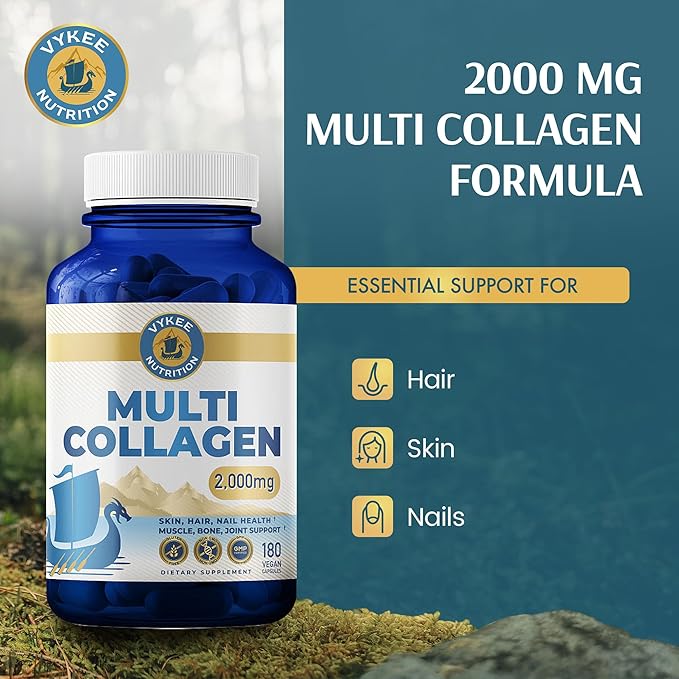 Vykee Nutrition Multi Collagen Capsules with Biotin + Hyaluronic Acid - Hair, Skin & Nail Support - Non-GMO, Gluten Free Dietary Supplement - 180 Capsules
