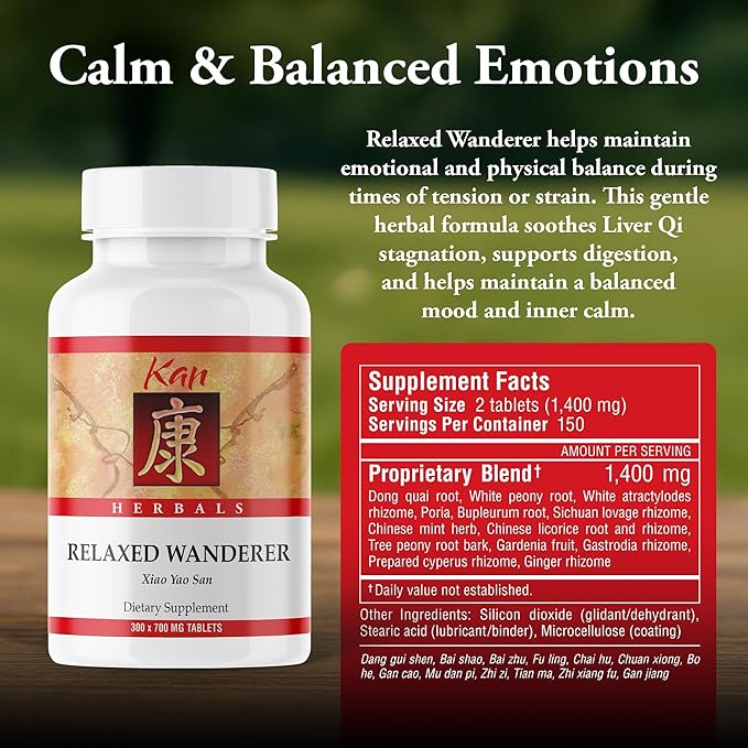 Kan Herbs Relaxed Wanderer Tablets – Traditional Chinese Herbal Blend with Dong Quai, White Peony & Bupleurum to Support Liver Qi Balance & Digestive Harmony, Xiao Yao San Formula, 300 Tablets